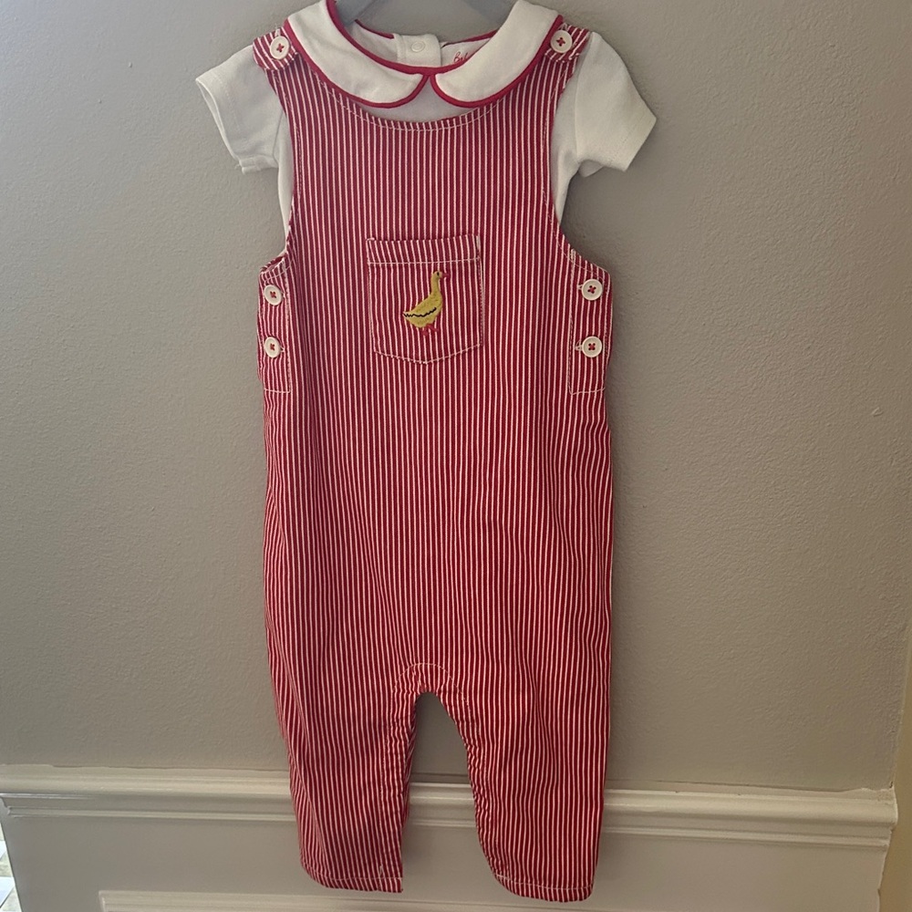 Baby Boden Red and White Striped Overalls with Banana Patch